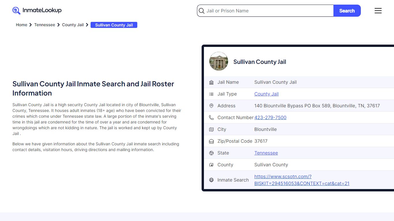 Sullivan County Jail Inmate Search, Jail Roster ... - Inmate Lookup